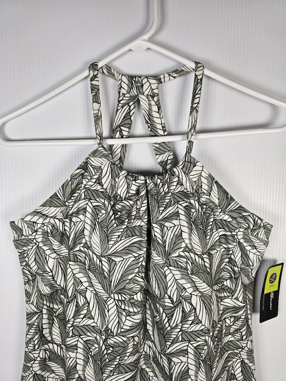 NWT Eddie Bauer Olive and White Leaf-Print Halter Mini Dress Built In Bra Size S - Picture 4 of 13